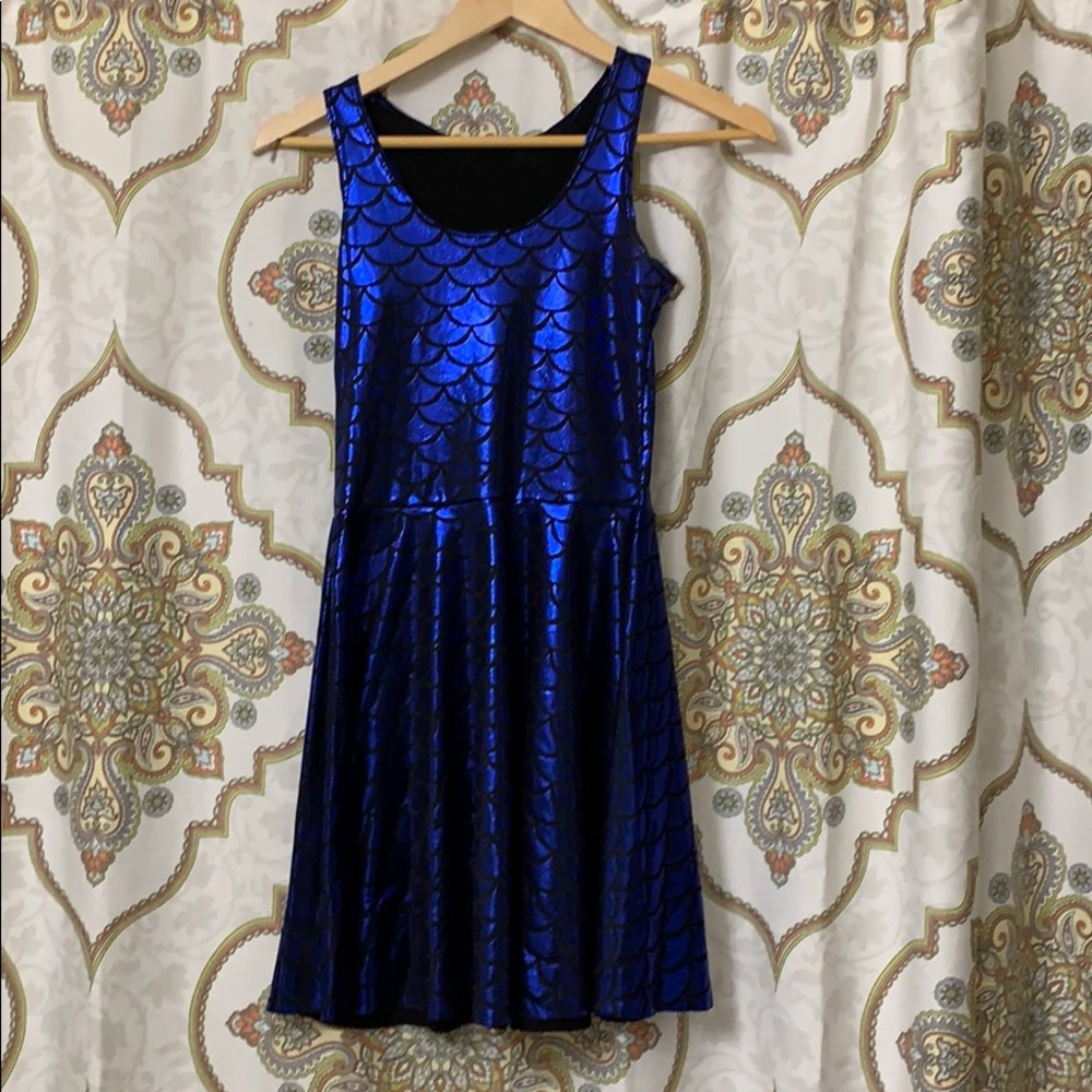 Blue shiny mermaid scale dress; fitted stretchy